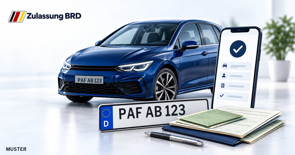Online Fahrzeugzulassung in Manching: Musterkennzeichen PAF AB 123, Auto und Fahrzeugpapiere und Smartphone. Illustration mit Logo von Zulassung BRD.